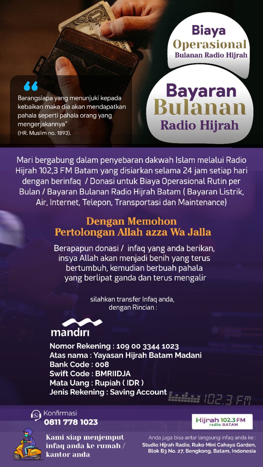 Donasi Pembiayaan Operasional per Bulan / Bayaran Bulanan Radio Hijrah 102,3 FM Batam